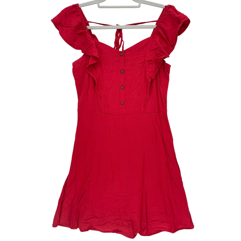 Charming Charlie Red Ruffle Cap Sleeve Mini Dress S Button Front Tie Back Boho
